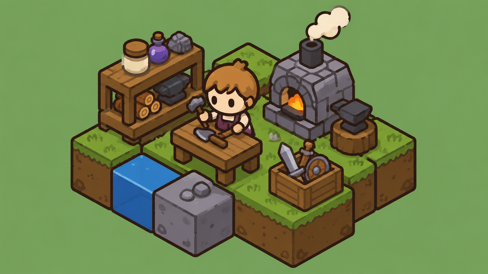 A villager crafting at a workbench beside a forge
