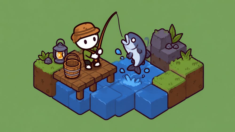 A villager fishing from a dock